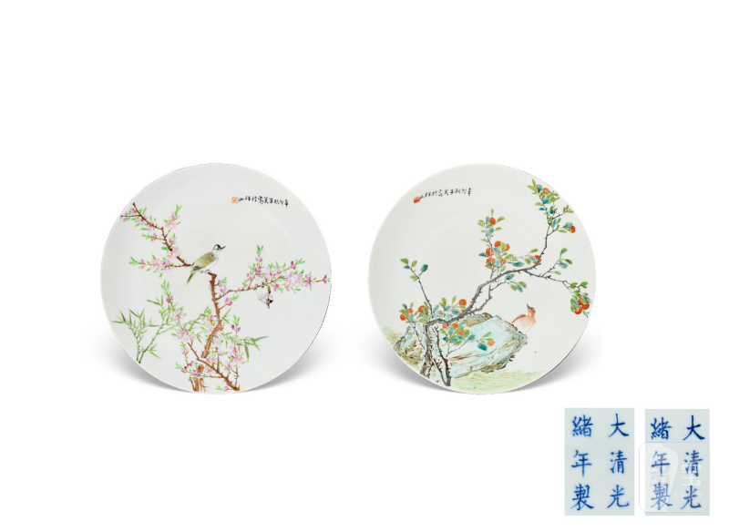 清光绪  “张子英”款浅绛彩花鸟题诗盘（一对）
